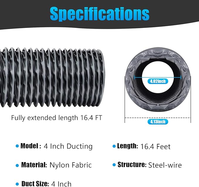 Dryer Vent Hose, 4 Inch X 16FT Flexible Nylon Ducting – Wear-Resistant & Tear-Proof Venting Hose, Upgraded Fire-Resistant Hose for HVAC, Greenhouse(Length 16.4 Feet)