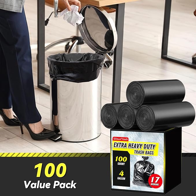 Wowflash 100 Count 17 Micron Extra Heavy Duty 4 Gallon Trash Bags | Sturdy & - Image 2