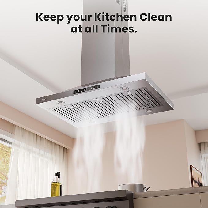 Island Range Hood 36 Inch, 390 CFM kitchen Hood with Touch/Gesture, Ceiling Mount, Convertible Ducted/Ductless, 3-Speed Fan, 3 Stainless Steel Baffle Filters