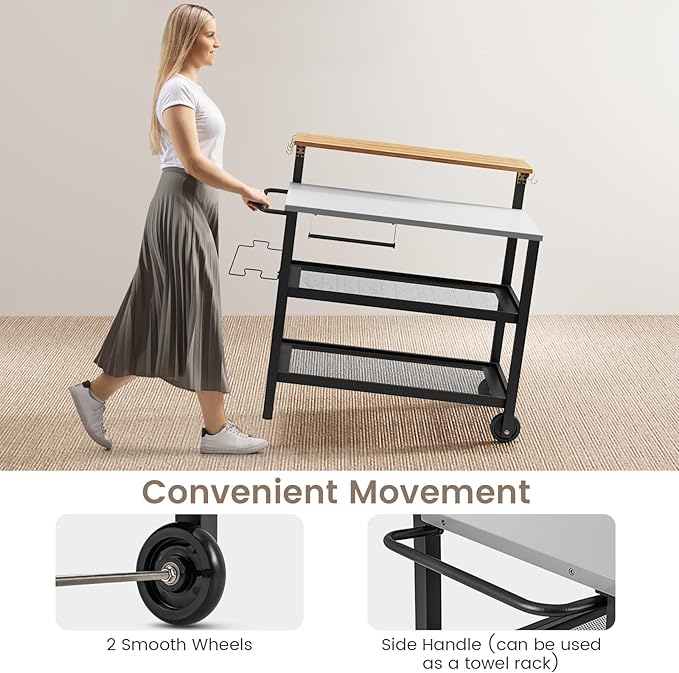 GOFLAME Outdoor Patio Cart Table, Kitchen Shelf on Wheels with Flip Top, Trash Bag Holder, Movable Hooks, Side Handle, Rolling Dining Grill Table, 4-Tier Serving Cart for Home, Bar (Without Chairs)