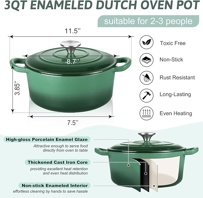 TeamFar Enameled Cast Iron Dutch Oven - 3QT Small Dutch Oven Pot with Lid - Heavy Duty Cast Iron Pot Cookware for Bread Baking, Braising, Stewing, Roasting, Basil Green