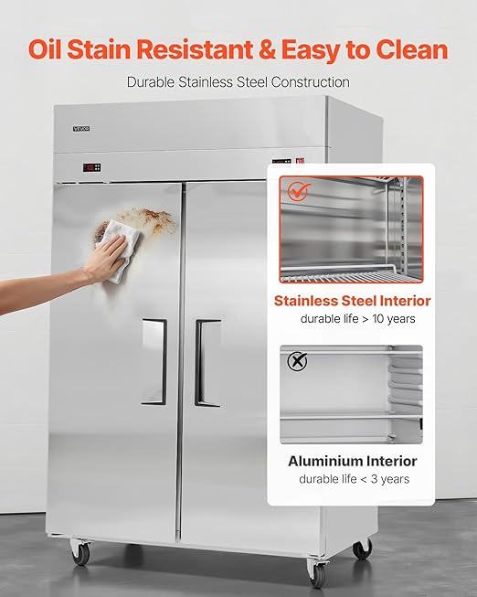 VEVOR Commercial Refrigerator and Freezer Combo 48" W, 32 Cu.Ft Stainless Steel Upright Refrigerator/Freezer with Double Doors, Auto-Defrost, 6 Adjustable Shelves, UL Certified