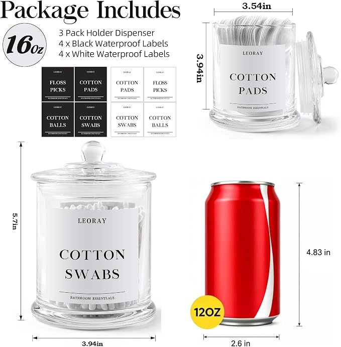 LEORAY 3 Pack Glass Qtip Holder Dispenser - Image 4