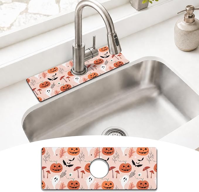 Halloween Kitchen Sink Splash Guard Faucet Mat, Pumpkin Plants Ghost Bat by puwbnhj