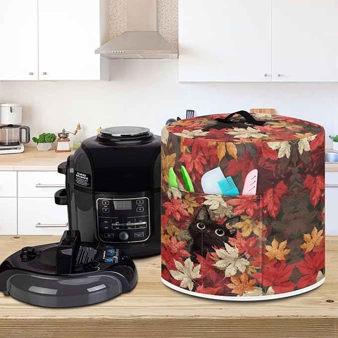 Xoenoiee Cat Maple Leaf Kitchen Appliance Dust Cover with Pockets, Electric Pressure Cooker Cover Compatible with Crock Pot, Rice Cooker Covers Fall Decor, for 8 Qt Pot