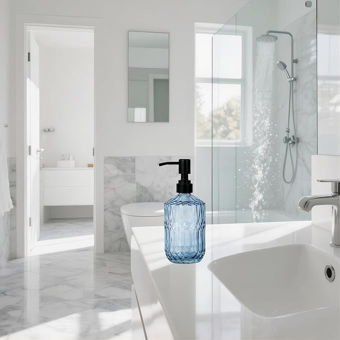 18oz Blue Glass Soap Dispenser, Refillable Kitchen, Bathroom Thick Glass Soap - Image 4