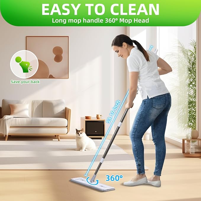 Wall Mop and Bucket Set: Wringing Wall Scrubber for Bathroom Cleaning Floor Mop with Spinner for Kitchen Lovely Gift for Women 6 Reusable Pads