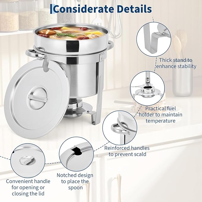 GarveeHome 7QT Soup Chafer Set of 2, Stainless Steel Round Soup Warmer with Pot, Notched Lids & Fuel Holders, Commercial Food Warmer for Buffets, Events and Party Service
