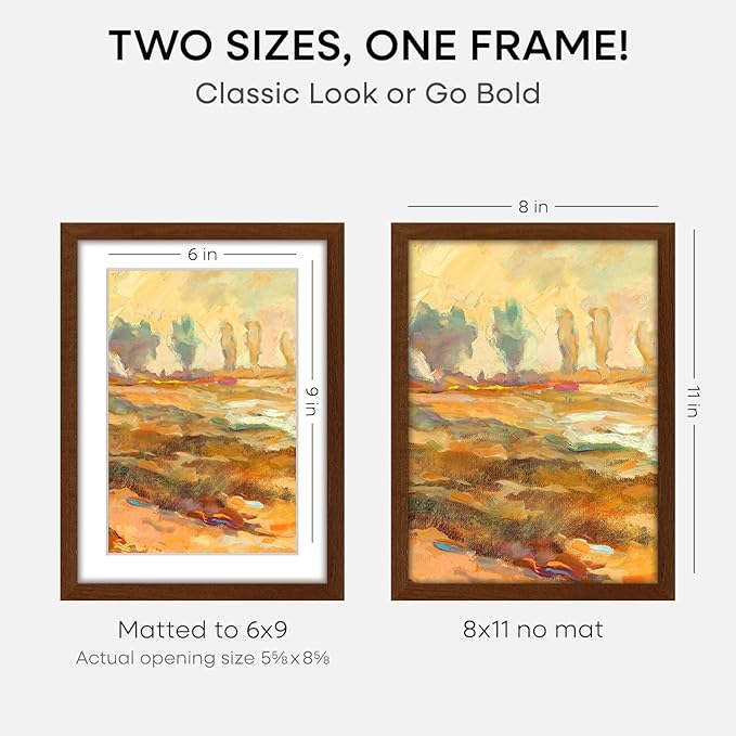 Homeforia 11x8 Picture Frame Brown, High End Dark Oak 8x11 Walnut Wooden Frames with Mat 6x9 Photo, 8 x 11 Wood Frame Matted to 6 by 9 Print, Wall or Tabletop Frame, Tempered Glass, Wall Kit, Set of 2