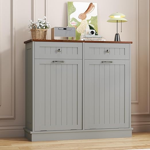 Tilt Out Trash Can Cabinet with Double Hidden Can Holder, Kitchen Free Standing Recycling Cabinet, Dog Proof, Wood, Gray