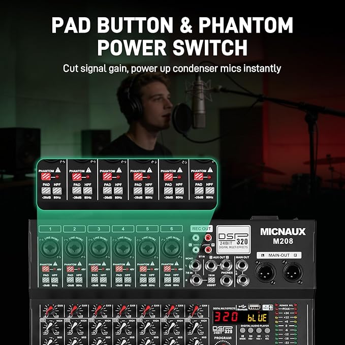 Audio Mixer 8 Channel Professional Sound Console Music Mixer with 320 DSP Effects, 7-band EQ DJ Mixing Board w/USB, Bluetooth, 48V Power Supply, PAD Button for Recording Karaoke PA Drum Live