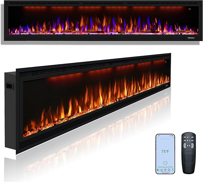 86 inch Electric Fireplace, Smart Fireplace Insert recessed in Wall and Wall Mounted fire Place Heater with Metal Frame, Multicolor Flame & Realistic logs，Thermostat& Timer, 1500W, Black