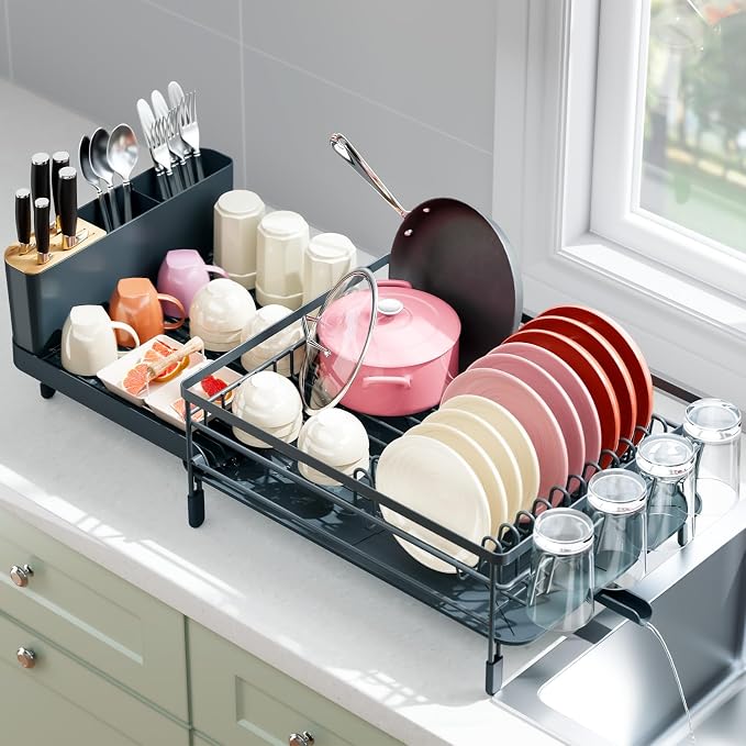 Urackify Extendable Dish Rack, 18.5"-26.7" L x 12.7" W, Dark Slate Gray | by Urackify