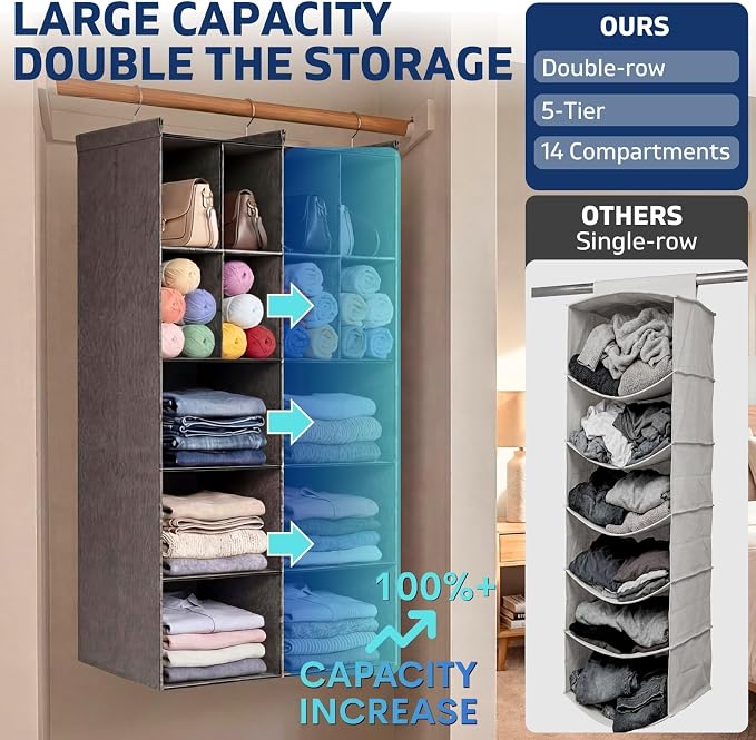 5 Tier Hanging Closet Organizer, 14 Compartments Dual Row Storage, 3 Sturdy - Image 3