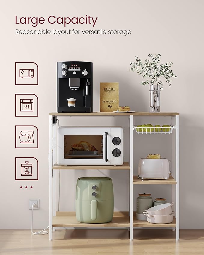 VASAGLE Baker's Rack, Coffee Bar Stand with Charging Station, 35.6 Inches Tall, Storage Shelves, Pull-Out Wire Basket, Table for Microwave, Kitchen, Oak Beige and Ink Black UKKS036Y09