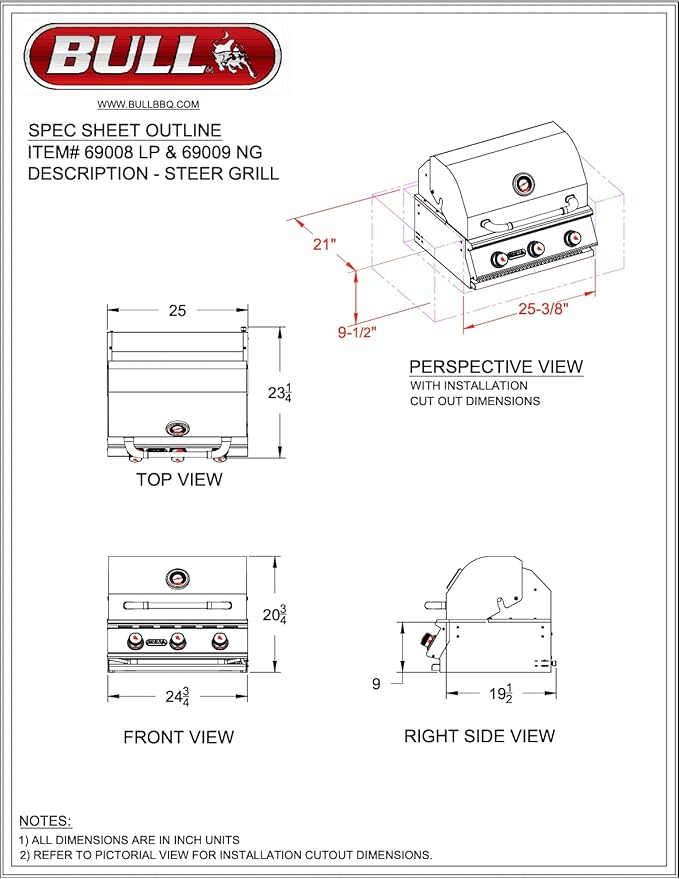 Bull Outdoor Products 69008 LP Steer Premium Drop in Grill, Liquid Propane, Silver