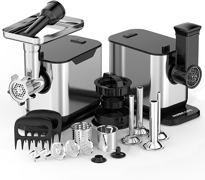 #8 Meat Grinder, 3200W Max Electric Heavy Duty Sausage Stuff, Rotary Cheese Grater with 3 Interchangeable Blades, 2 Blades, 3 Plates, 4 Sausage Tubes, Kibbe, Burger Press & Meat Claws