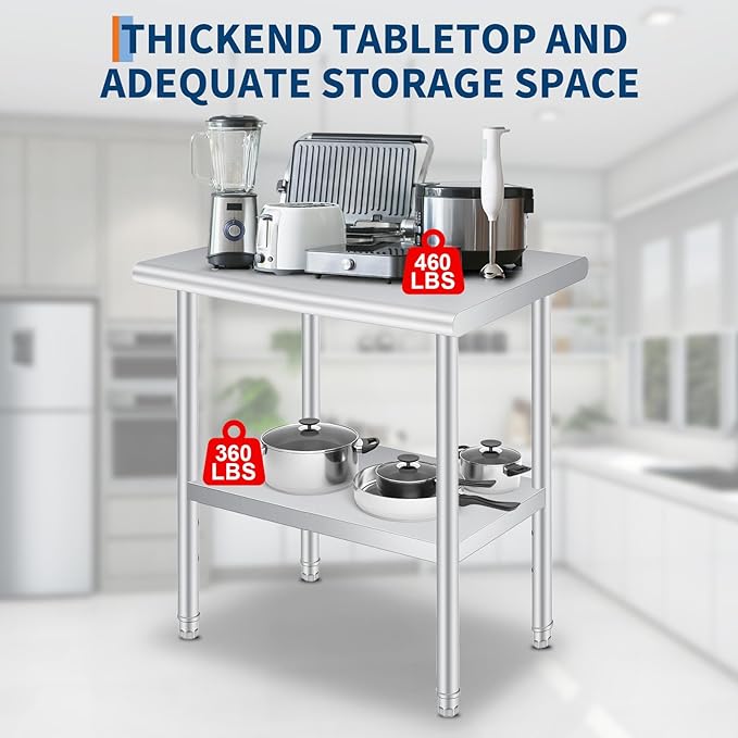  Stainless Steel Prep Table, 24 x 48 Inches Heavy Duty Commercial , with Rounded-Corner, Adjustable Undershelf and 4 Caster Wheels, Heavy Duty Work Table with Adjustable Under Shelf for Outdoor, Res