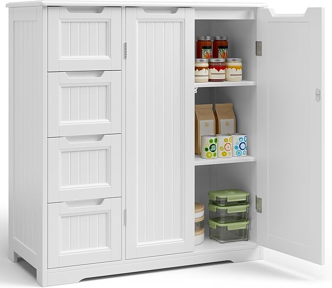 Gizoon Storage Cabinet, Bathroom Floor Cabinet, Kitchen Pantry, Side Storage Organizer with 4 Drawers & Double Doors, Adjustable Shelf, for Bathroom, Living Room, Entryway, White