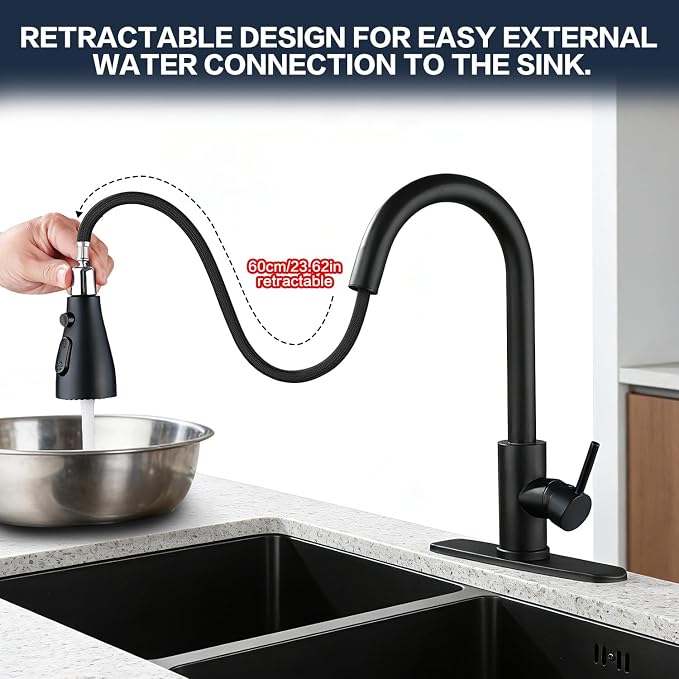 Kitchen Faucet with Pull Down Sprayer，Black Kitchen Sink Faucet，High Arc Single - Image 5