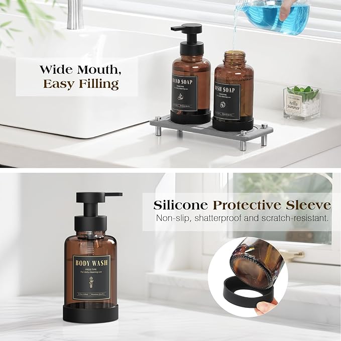 Luxspire 15oz Glass Foaming Soap Dispenser Set, Amber + Dark Gray, 2 Pack | - Image 4