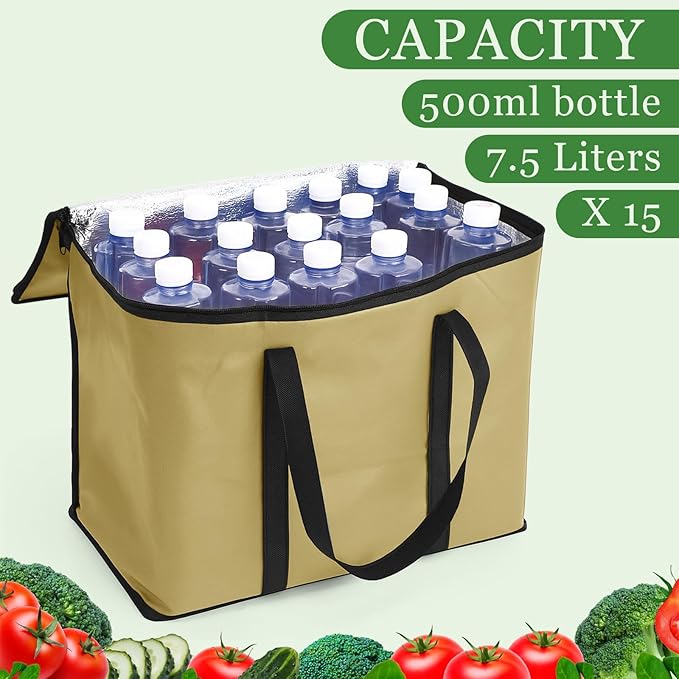 Kenning 15 Pcs Large Insulated Reusable Grocery Bags with Sturdy Zipper and Handles Foldable Washable Cooler Totes Heavy Duty Hot or Cold Food Delivery Bag for Food Transport Travel Lunch (Khaki)