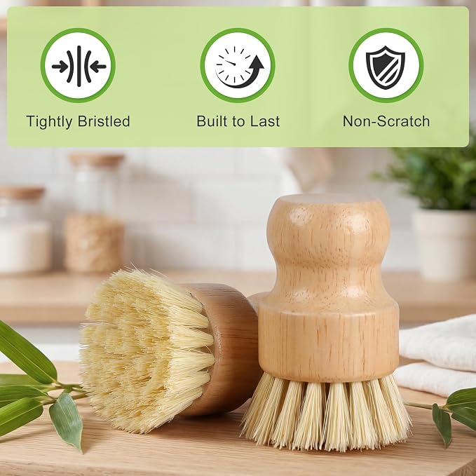 Bamboo Dish Brush, Natural Scrub Brush, 4 Pack Set | Wooden Dish Scrubber | - Image 3