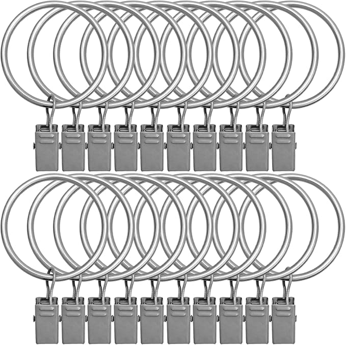 20 Pack Curtain Rings with Clips 1.5" Interior Diameter, Metal Drapery Clips by LULARINE