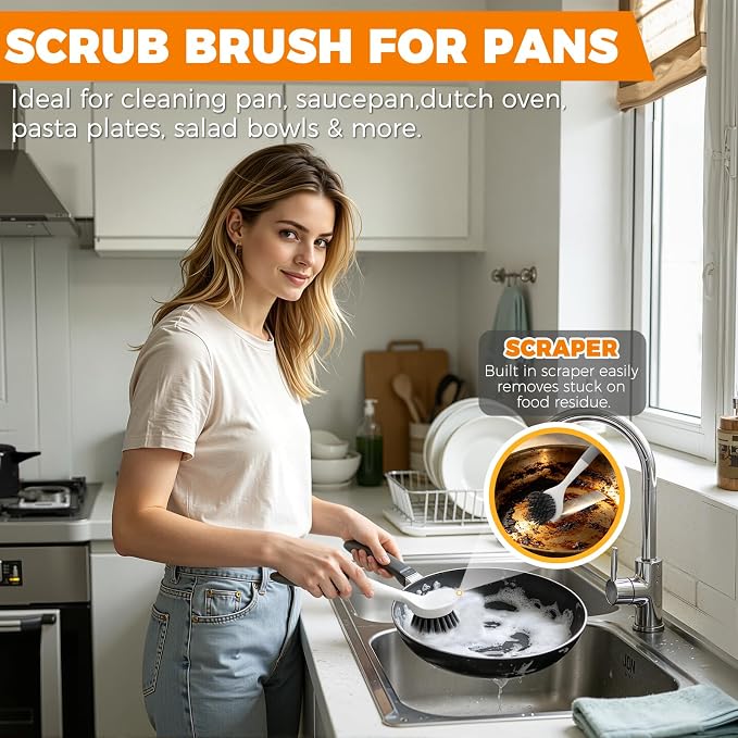 3 Pack Kitchen Cleaning Brush Set, Dish Brush, Extra Long 14.3 inch Bottle - Image 2