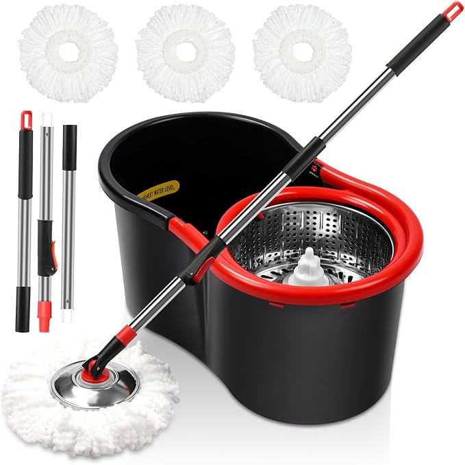 Spin Mop and Bucket with Wringer Set, 3 Microfiber Mop Heads by CooFel
