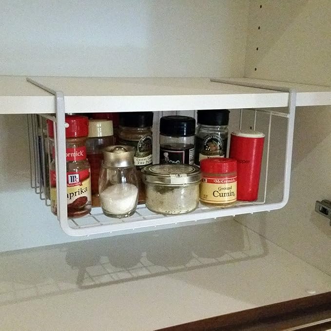 Modern Home Under Shelf Wire Storage Baskets – Hanging Organizer Rack for Cabinet, Pantry, or Closet – White Metal Basket for Kitchen, Towels, or Office – No Tools Required (10.25")