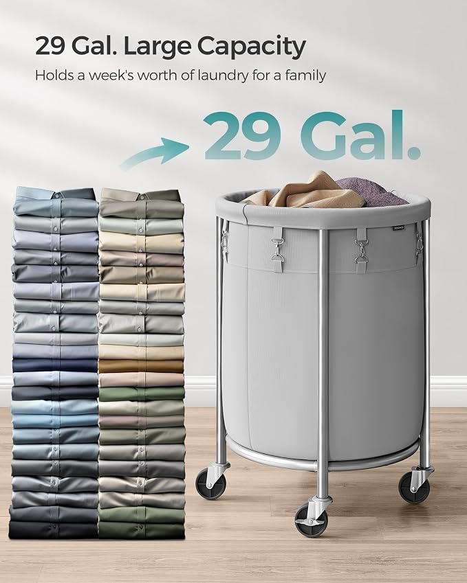 SONGMICS Laundry Basket with Wheels, 29 Gal., Steel Frame, Removable Bag - Image 3