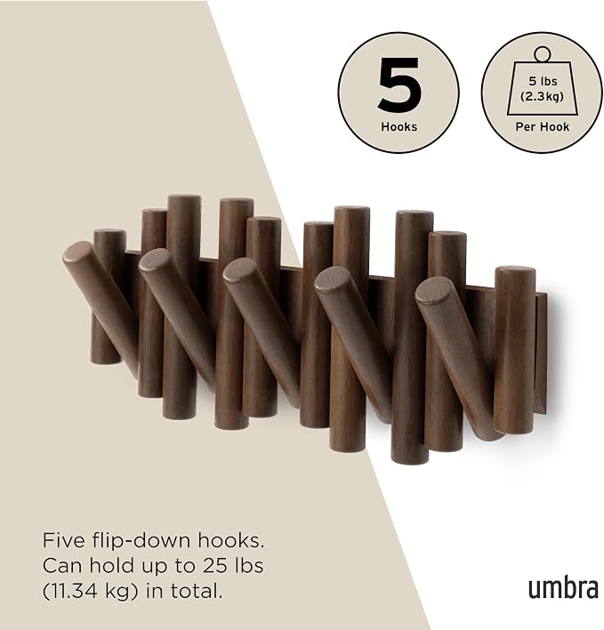 Umbra Picket Coat Rack, Wall Mount 5 Flip-Down Coat Hooks, Walnut | Beveled - Image 5
