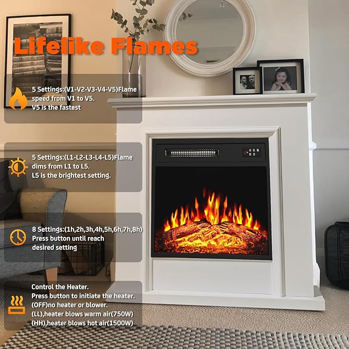 BOSSIN 18 Inch Electric Fireplace Insert with LED Realistic Flame,Small Recessed Fireplace Heater with Touch Screen&Remote Control,Portable Fireplace with Adjustable Flame,1-8H Timer 750/1500W
