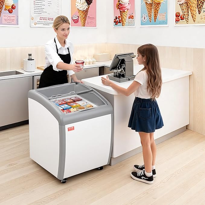 VEVOR Commercial Ice Cream Display Case, 5.4 Cu.ft Chest Freezer, -19 to 3℉ Temp Adjustable Mobile Top Deep Freezer with 2 Wire Baskets, 2 Sliding Glass Doors, Locking Casters & LED Strip Lighting
