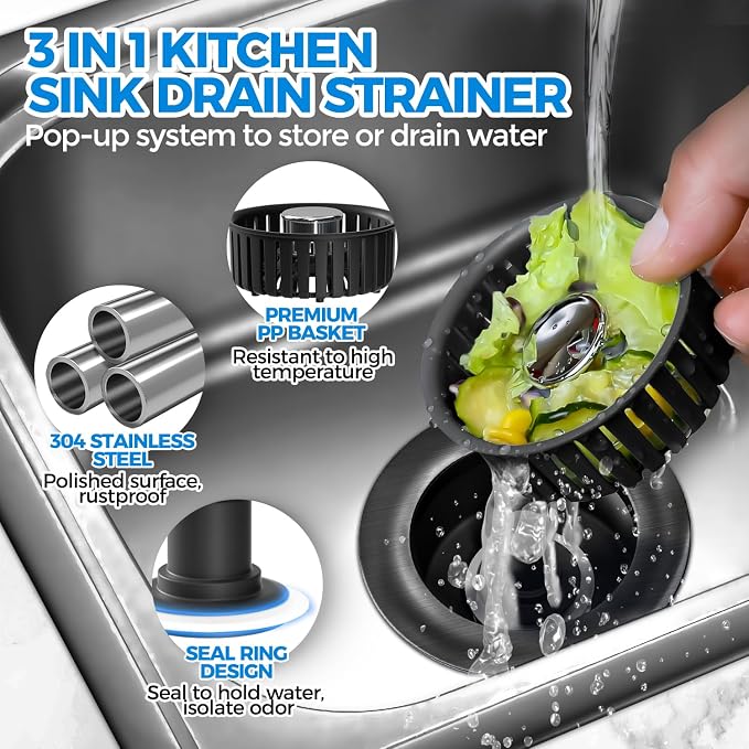 zaa 3 in 1 Kitchen Sink Drain Strainer Stopper Removable Basket Pop-Up - Image 4