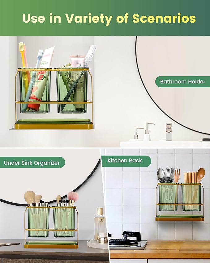 KONE Green Toothbrush Holders for Bathrooms, 2 Cups Toothbrush Holders Wall - Image 7