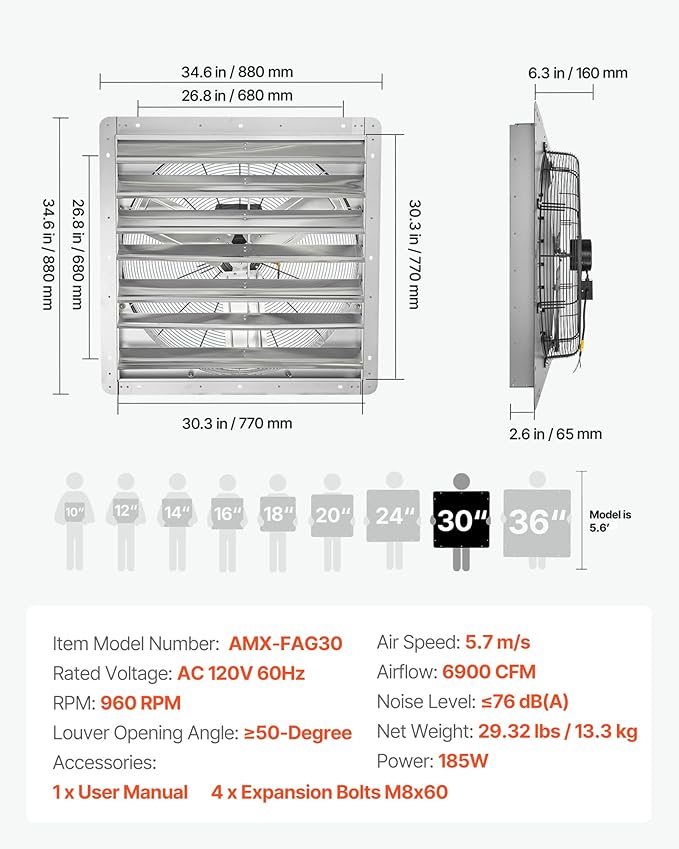 VEVOR 30 inch Shutter Exhaust Fan, Wall Mounted Attic Vent Fan with 6900 CFM Airflow, AC Motor, Heavy-duty Steel Construction, Low Noise for Shed, Garage, Greenhouse Ventilation Cooling, Silver