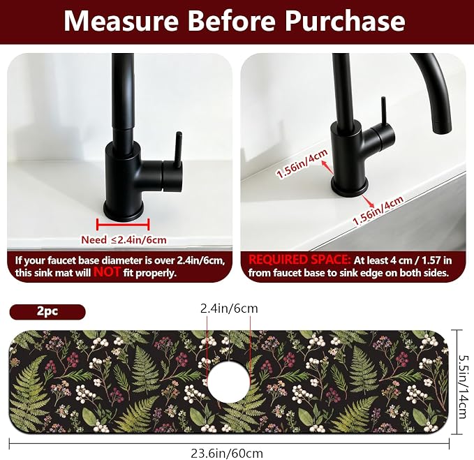 2 Pcs Kitchen Sink Splash Guard Faucet Mat Vintage Fern and Berries Pattern - Image 2