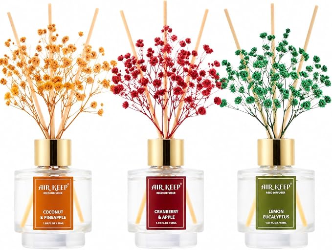 Reed Diffuser Set of 3, Coconut Pineapple Lemon Eucalyptus Cranberry Apple Oil by Airkeep