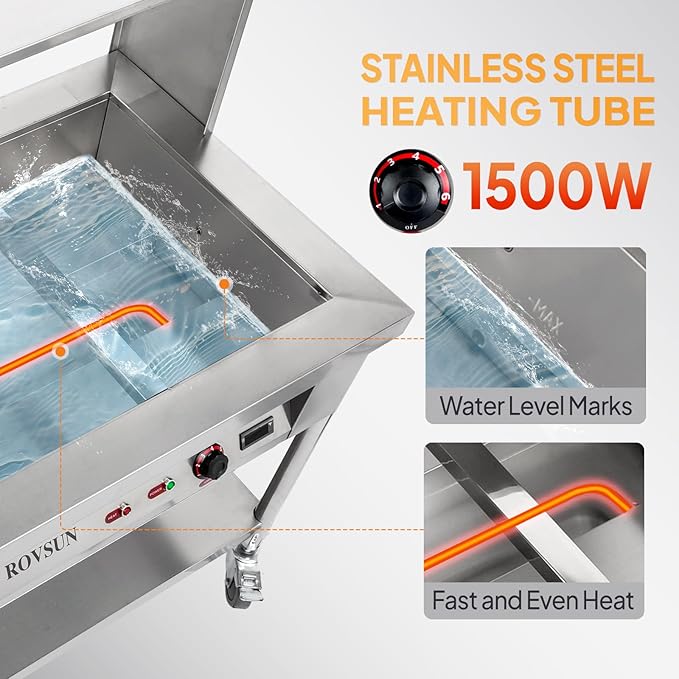 ROVSUN 72QT Electric Commercial Food Warmer 1500W, 9-Pan Steam Table 8QT/Pan Stainless Steel Bain Marie w/Acrylic Shield Overshelf Undershelf Temperature Control & Lid for Buffet Restaurant 110V