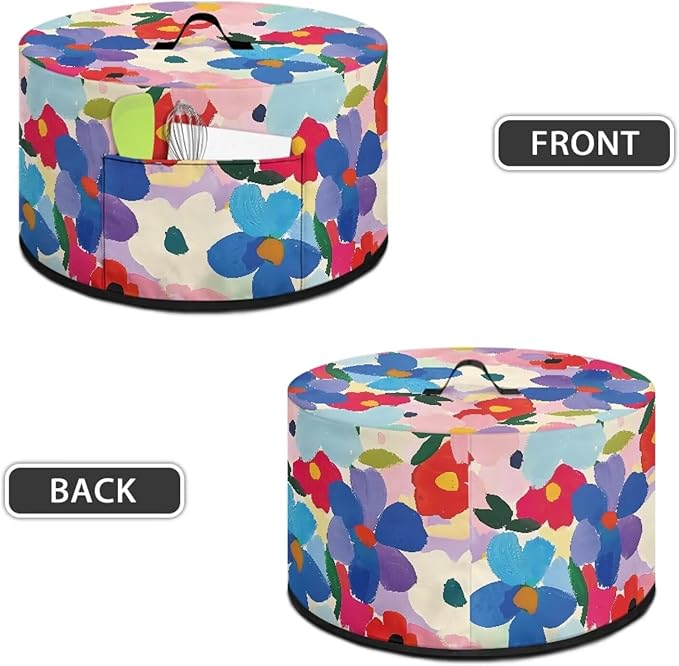Colorful Floral Painting Print Slow Cooker Dust Cover with Side Pocket for Small Kitchen Appliance Dust Protection Kitchen Dust Cover Easy to Clean, 16 x 14 x 9.6 inch