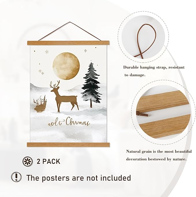 2 Pack Magnetic Poster Hanger Frame, 20x28 20x30 20x26 Light Wood Wooden Magnet Canvas Artwork Print Dowel Poster Hangers Frames Hanging Kit (Teak Wood, 20", 2 Packs)