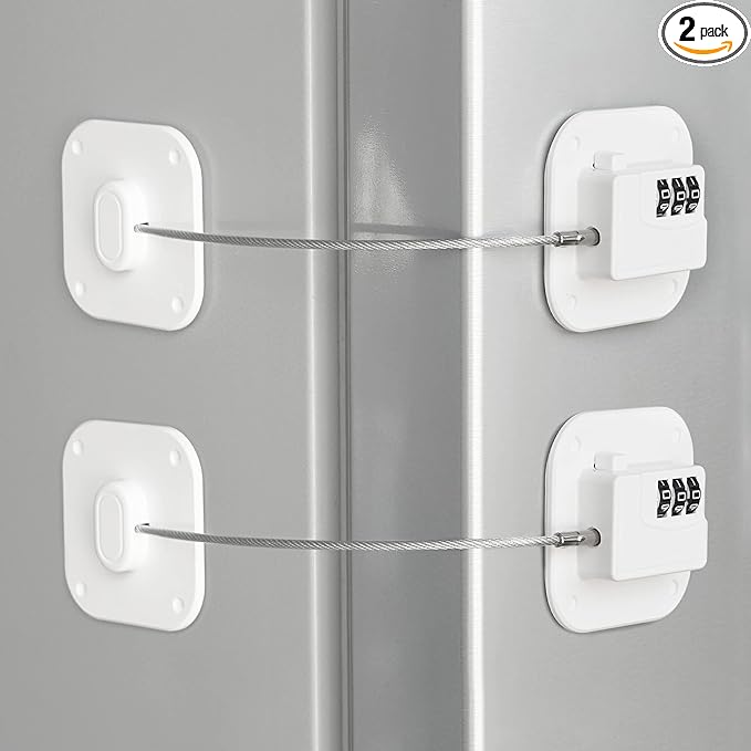 Refrigerator Lock, Heavy Duty Fridge Lock, Combination Lock for Refrigerator Cabinets, Drawers, Safety, Easy Install No Keys Needed (White-2Pack)