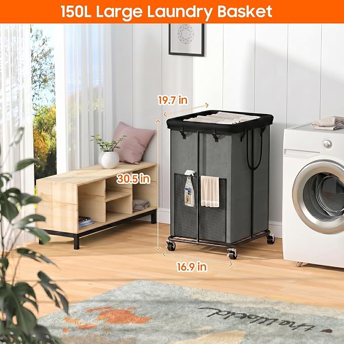 Laundry Hamper with Wheels, 150L Rolling Laundry Basket with Bag & Handles - Image 2