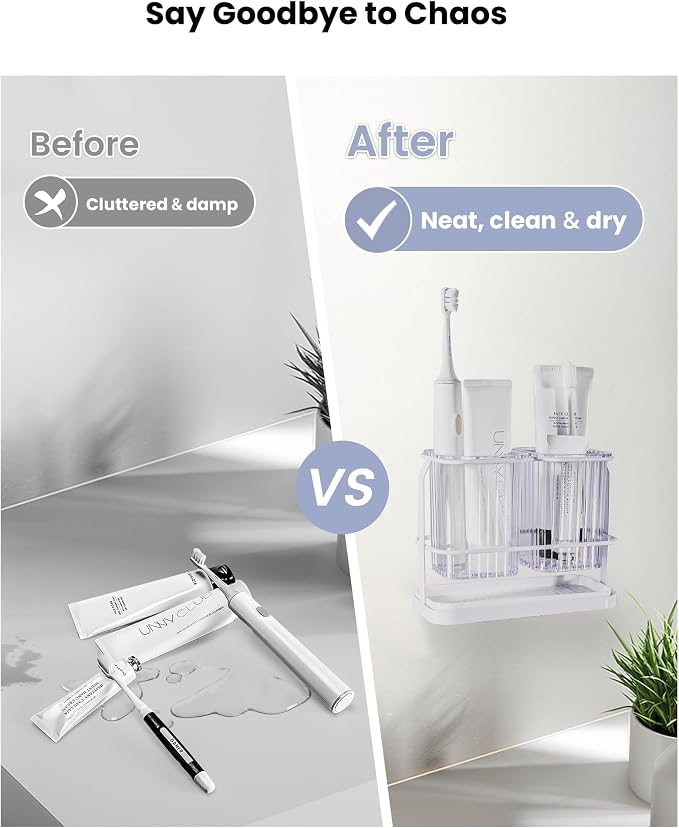 Clear Toothbrush Holders for Bathroom, 2 Cups Wall Mounted, Dry & Wet Separation - Image 5