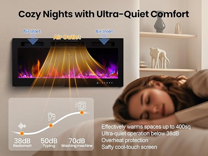 Electric Fireplace Inserts 42 Inch Wide, RealSmart Wall Mounted Fireplace 750W/1500W in-Wall Recessed Heaters with Remote Control, Timer, 12 Adjustable Color Flame & Brightness, Touch Screen