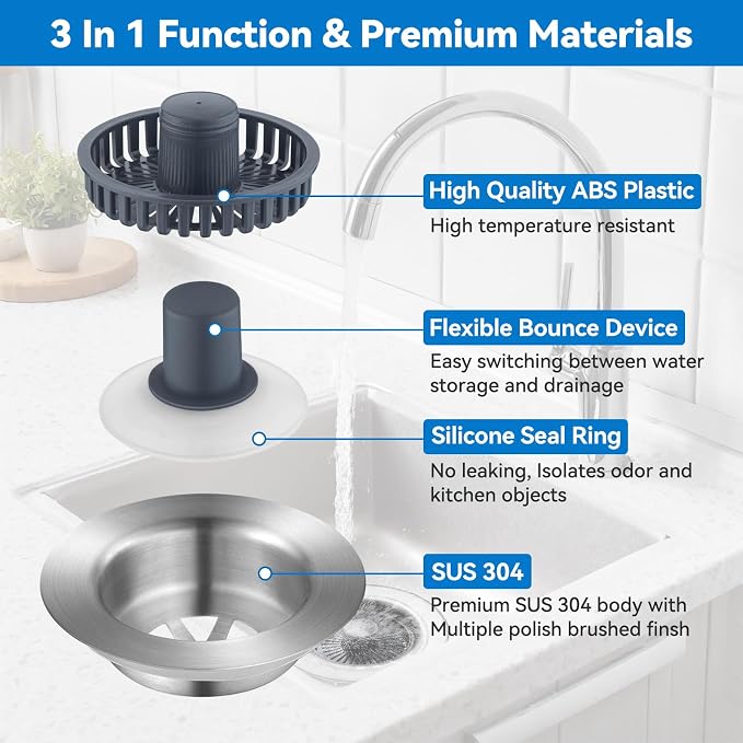 Upgraded 3-in-1 Kitchen Sink Drain Strainer, Stainless Steel Pop Up Kitchen - Image 2