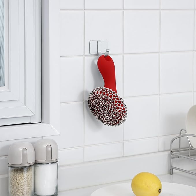 SUBEKYU Cast Iron Scrubber with Silicone Handle, Stainless Steel Cast Iron Skillet Cleaner Chainmail Scrubber for Cast Iron Pans, Red