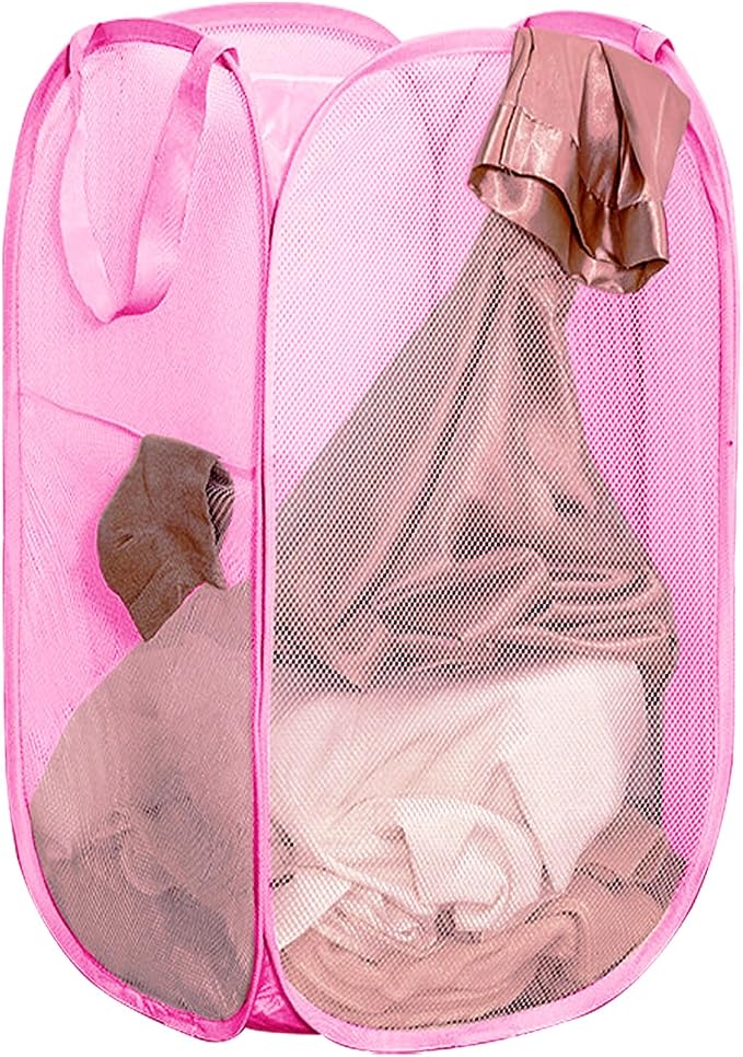 Portable Mesh Pop Up Laundry Hamper Reinforced Pink Vertical Collapsible - Image 7